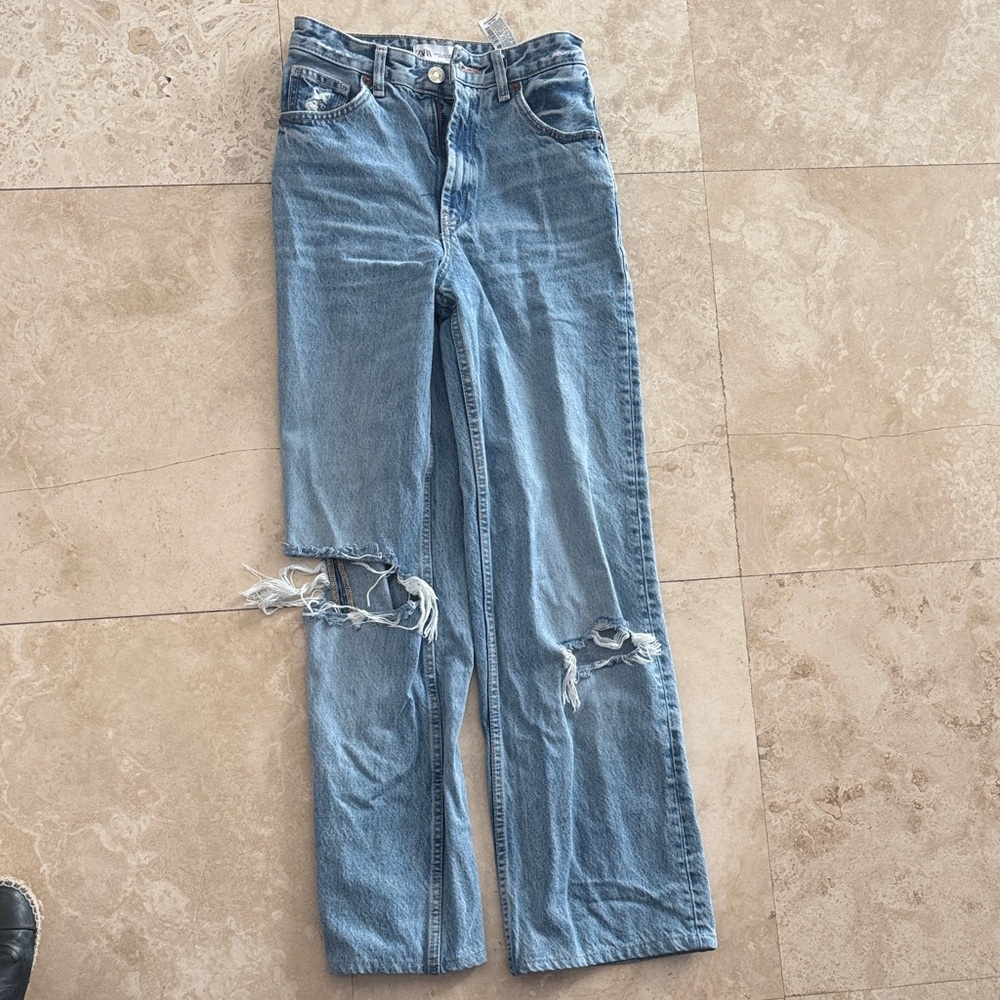Zara Light Blue Distressed Straight Leg Jeans